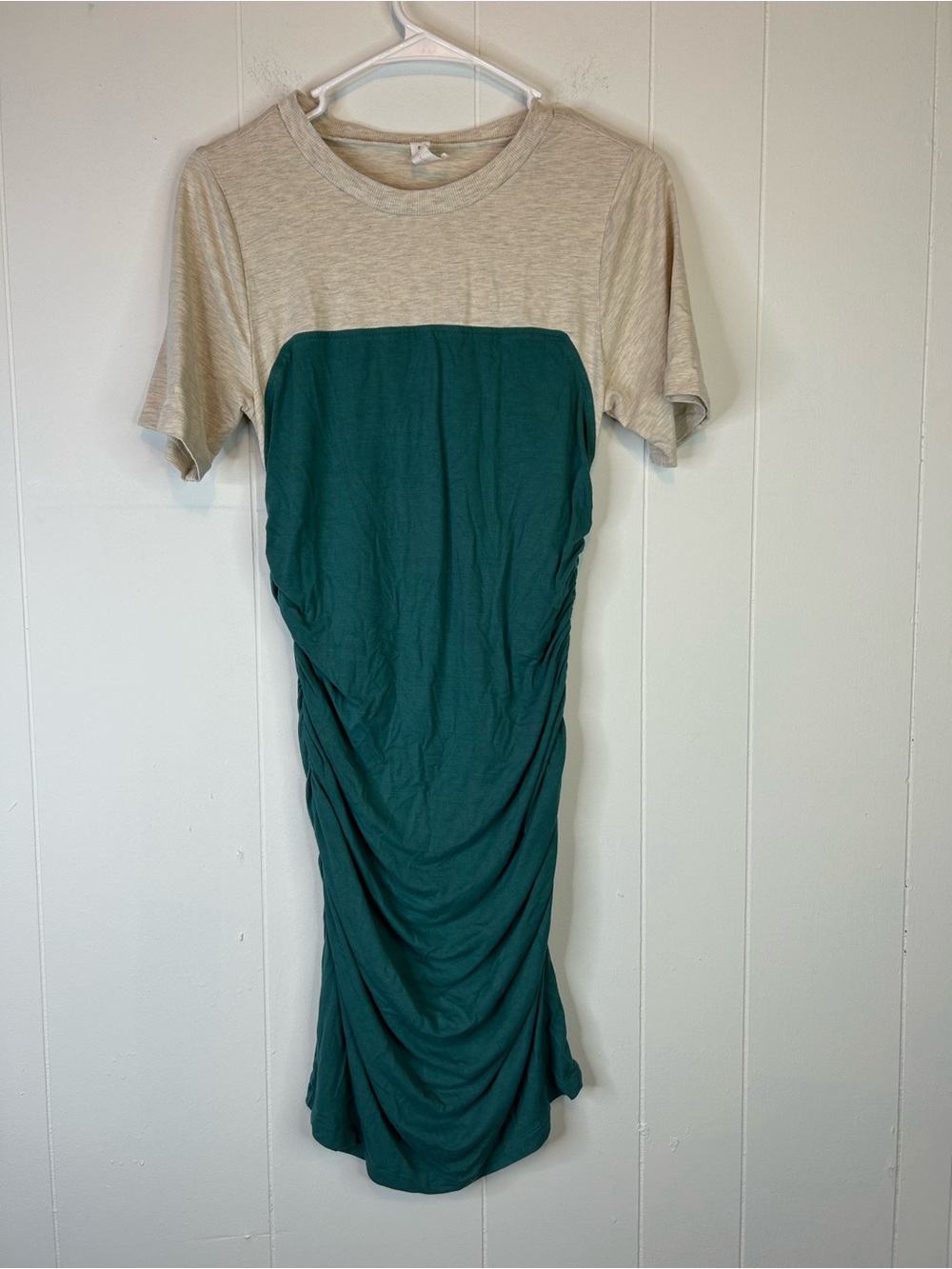 Daily Practice Anthropologie Colorblock Ruched TShirt Mini Dress Green Oatmeal S